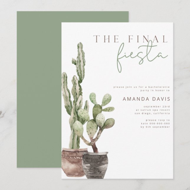 Invitation Finale Fiesta, Mexicaine, Cactus Bachelorette Part (Devant / Derrière)