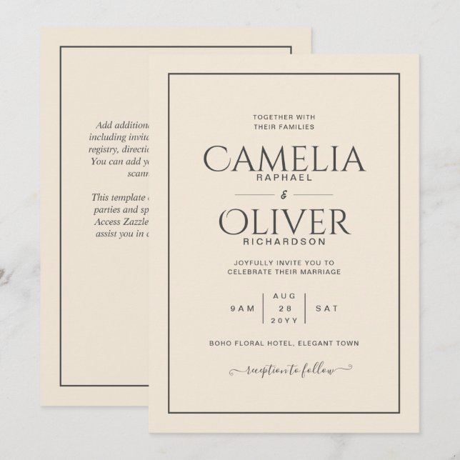 Invitation Finest crème beige clair Mariage MONOCHROME (Devant / Derrière)