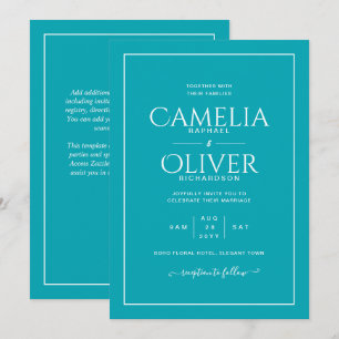 Invitation Finest Turquoise Peacock Blue MONOCHROME Mariage