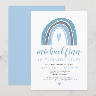 Invitation FINN   Dusty Blue Boho Rainbow Heart Boy Anniversa
