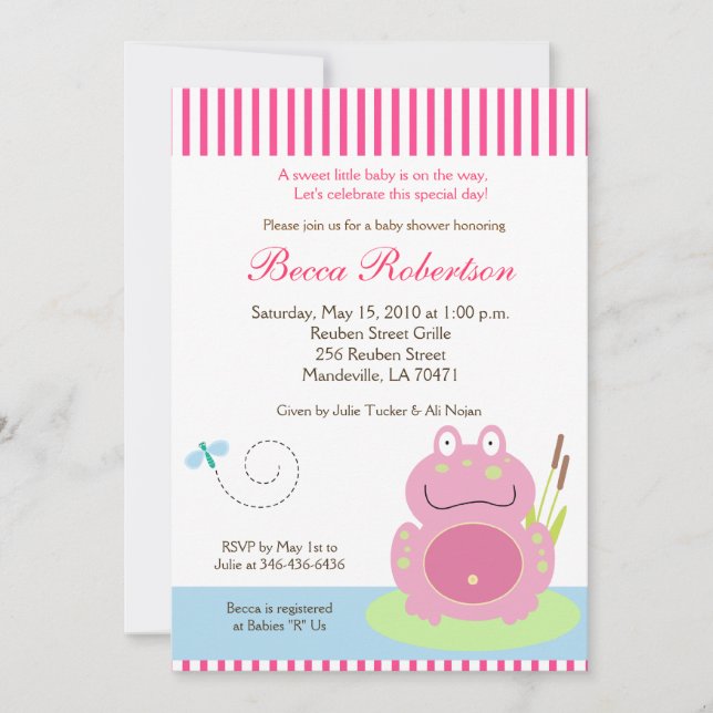Invitation Fiona le Baby shower de grenouille de l'étang 5x7  (Devant)