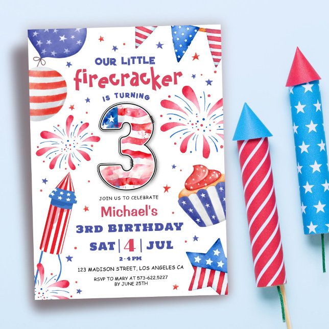 Invitation Firecracker 4 Juillet 3 Anniversaire Patriotic Cut (Créateur téléchargé)
