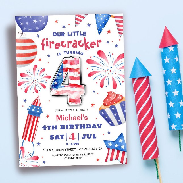 Invitation Firecracker 4 juillet 4 anniversaire Patriotic Cut (Créateur téléchargé)