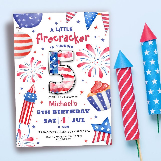 Invitation Firecracker 4 Juillet 5 Anniversaire Patriotic Cut (Créateur téléchargé)