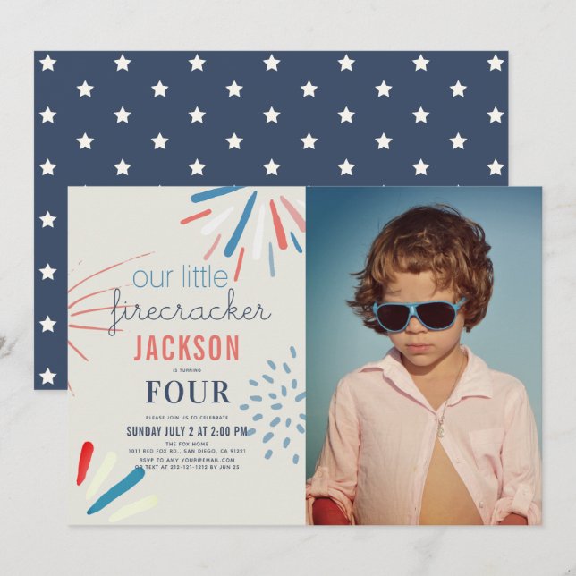Invitation Firecracker 4 juillet Feu d'artifice Photo Anniver (Devant / Derrière)