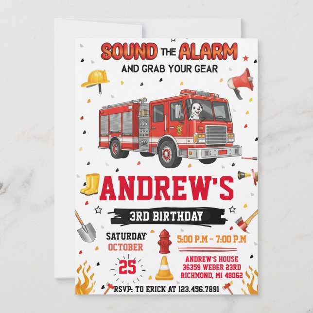 Invitation FireFigher truck Birthday with Custom image (Devant)