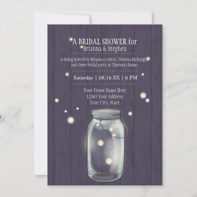 Invitation Firefly Mason Jar Rustic Country Couples Douche (Devant)