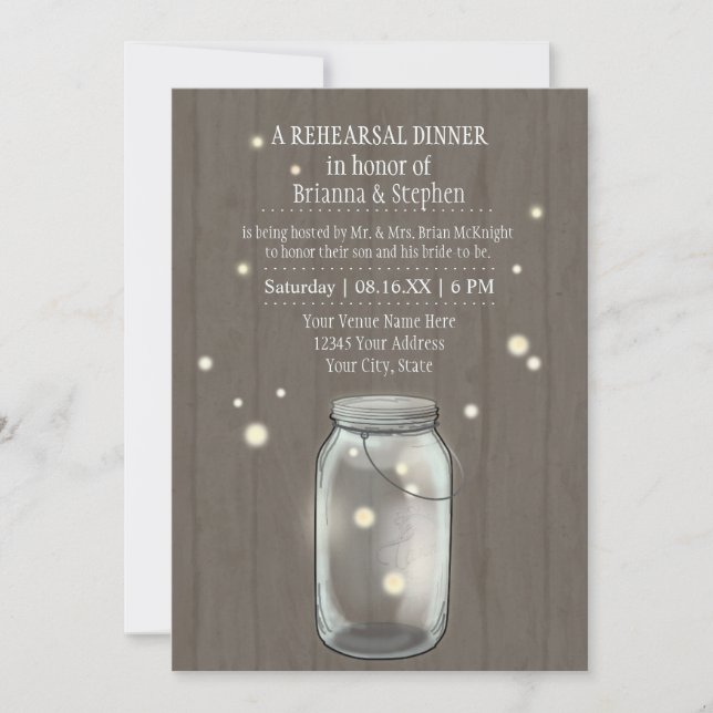 Invitation Firefly Mason Jar Rustic Country Rehearer Dîner (Devant)