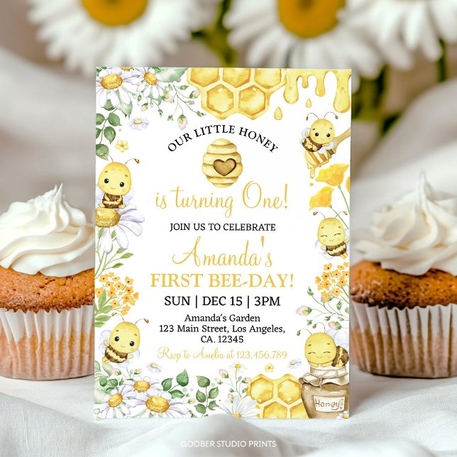 Invitation First Bee Day Floral Honey Bee Birthday Party (Créateur téléchargé)