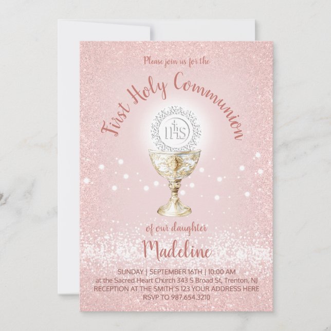 Invitation First Communion Catholic girl pink (Devant)
