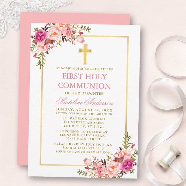 Invitation First Communion Watercolor Pink Blush Floral Gold (Customize to change text color, size, style or to change color of back of card.)