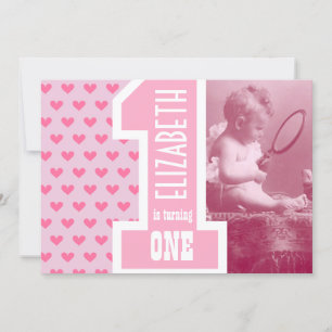 Invitation First Girl Baby Birthday Ajouter un coeur rose pho
