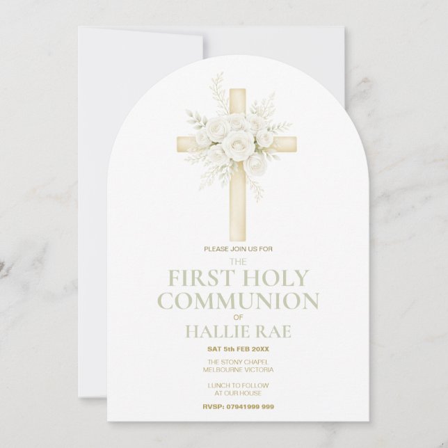 Invitation First Holy Communion Arched Invite, Floral Cross  (Devant)