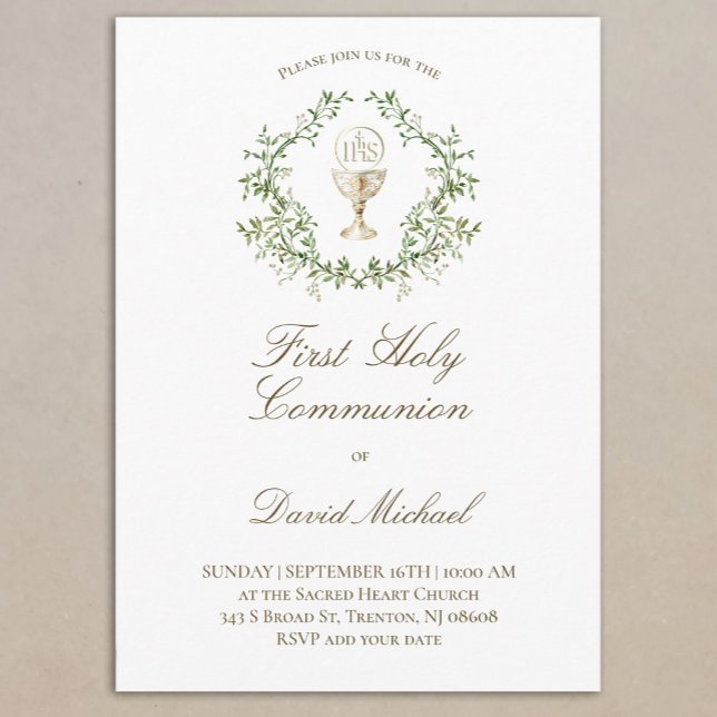 Invitation First Holy Communion chalice greenery crest (Créateur téléchargé)