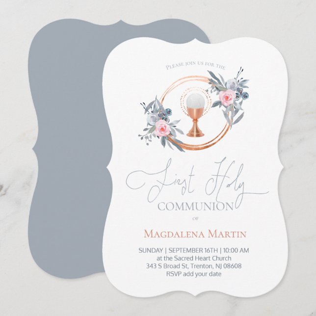 Invitation First Holy Communion girl décoration florale Invit (Devant / Derrière)
