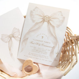 Invitation First Holy Communion Neutral Bow Pearls Gold