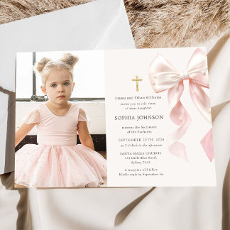 Invitation First Holy Communion Pink Bow Girl Photo