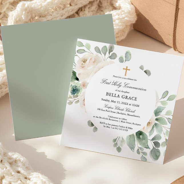 Invitation First Holy Communion White Rose Floral Square (Créateur téléchargé)