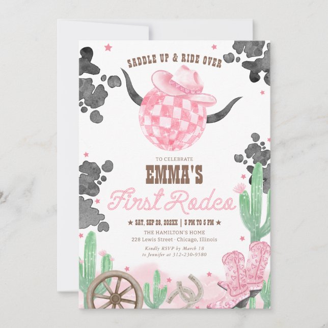 Invitation First Rodeo 1st Birthday Pink Boho Wild West (Devant)