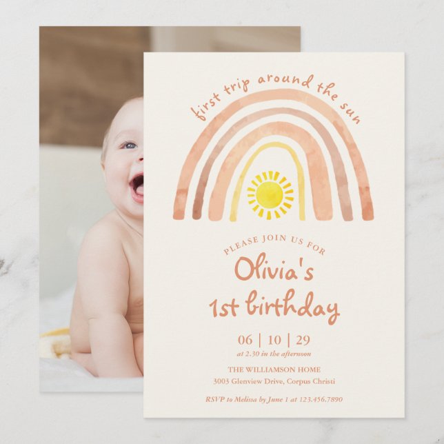 Invitation First Trip Around Sun Rainbow Photo 1st Birthday (Devant / Derrière)