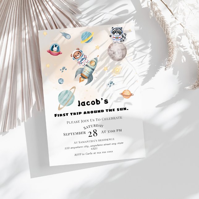 Invitation First Trip Around the Sun space Animals Birthday  (Créateur téléchargé)