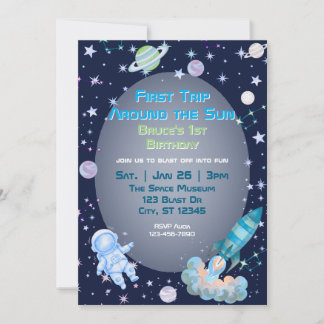 Invitation First Trip, Blue Green Space 1st Birthday 