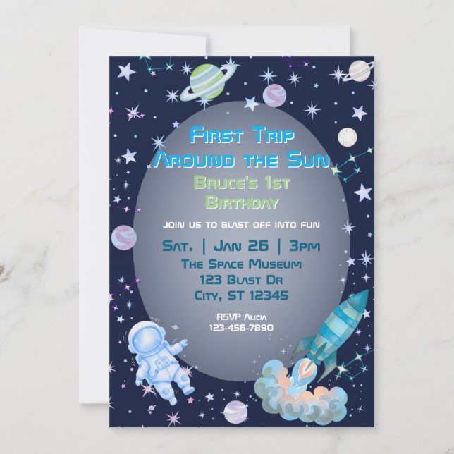 Invitation First Trip, Blue Green Space 1st Birthday  (Devant)