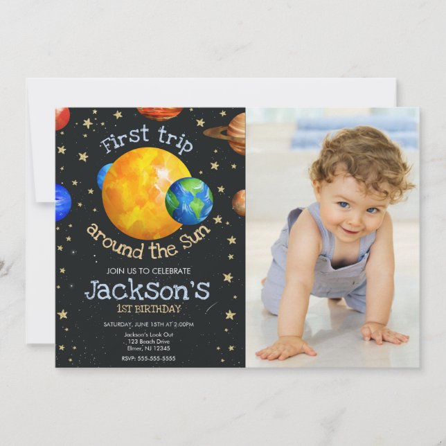 Invitation First Trip Outer Space 1st Birthday Boy Photo (Devant)