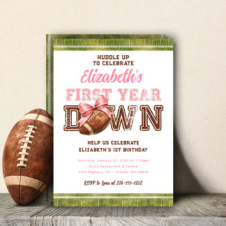 Invitation First Year Down Football Girly 1st Birthday