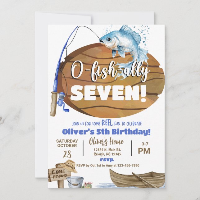 Invitation Fisherman / fishing boy reel fun birthday invite. (Devant)