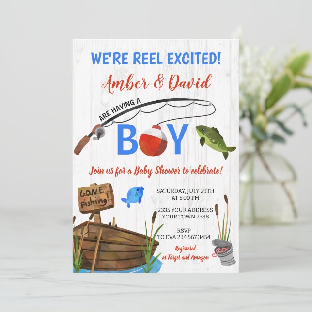 Invitation Fishing Themed Reel Excited Baby Shower  (Debout devant)