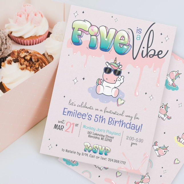 Invitation FIVE est VIBE Unicorn Graffiti Girl 5e anniversair (Funny & cute FIVE is a VIBE kawaii unicorn theme pastel graffiti pink 5th birthday party invitation)