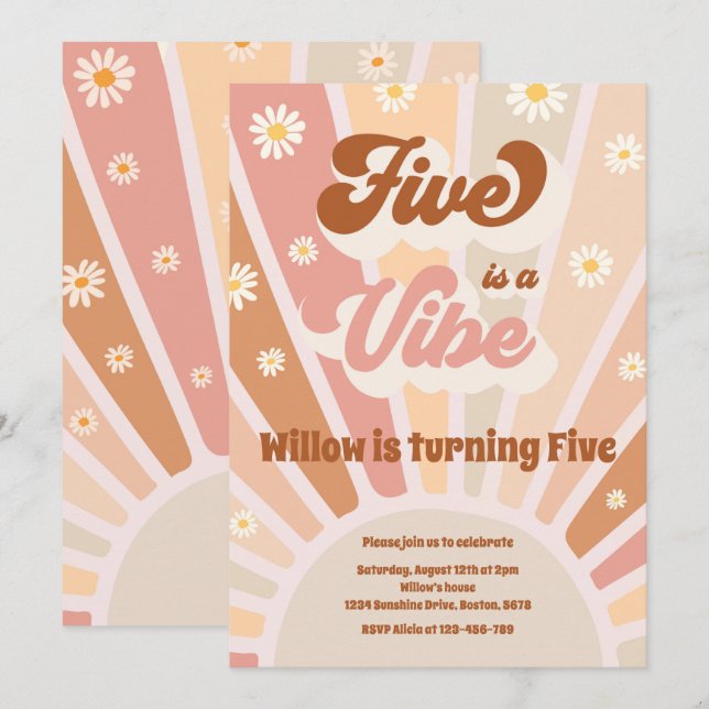 Invitation Five Is A Vibe Boho Sunshine 5e fête d'anniversair (Devant / Derrière)