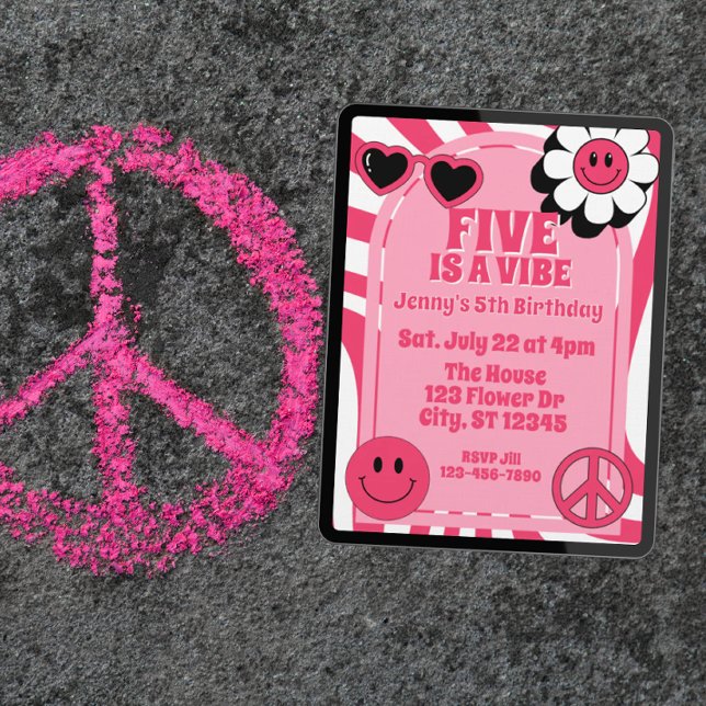 Invitation Five is a Vibe, pink retro 5th Birthday (Créateur téléchargé)