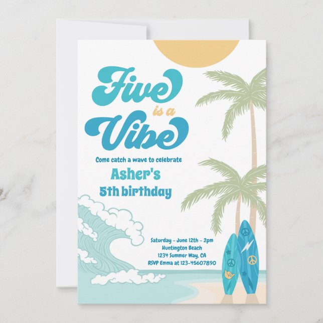 Invitation Five Is A Vibe Retro Surfboard Beach Anniversaire (Devant)