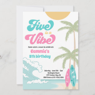 Invitation Five Is A Vibe Retro Surfboard Beach Anniversaire