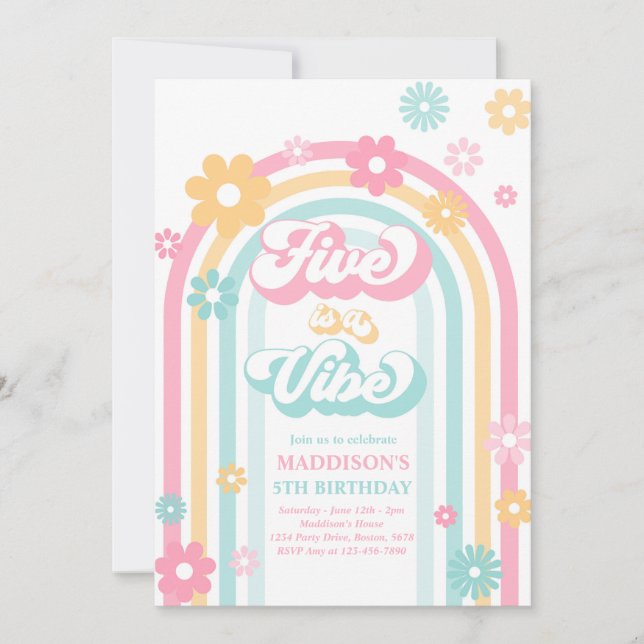 Invitation Five Is A Vibe Super Daisy Rainbow 5Anniversaire (Devant)