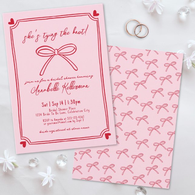 Invitation Fixer Le Knot Rose Main Tirée Fête des mariées Bow (Tying The Knot Pink Hand Drawn Bow Bridal Shower Invitation )
