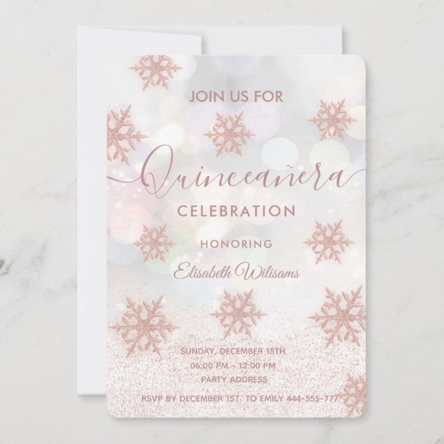 Invitation Flacon de neige en or rose Quinceañera (Devant)