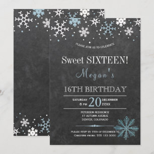 Invitation Flakes bleu blanc sweet sixteen d'hiver chic