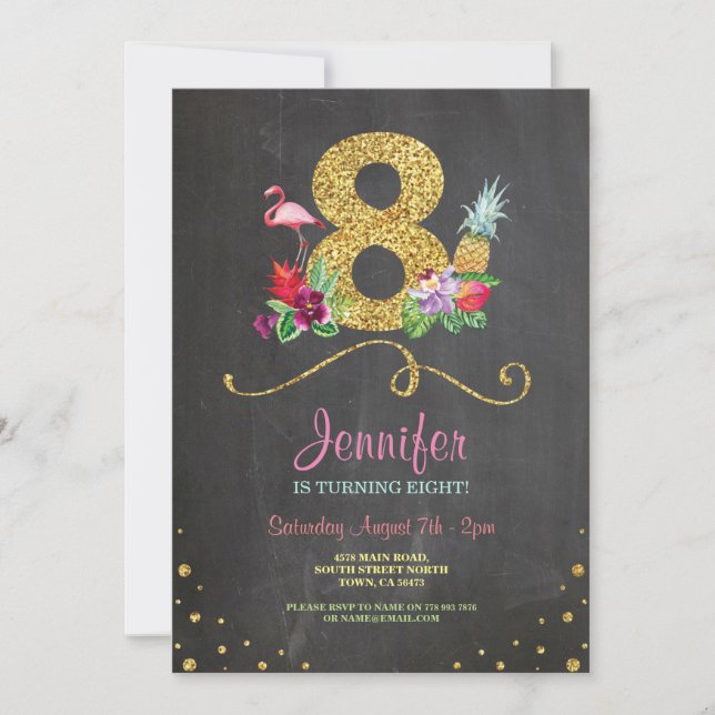 Invitation Flamant rose Aloha 8e anniversaire 8 Party Chalk I (Devant)