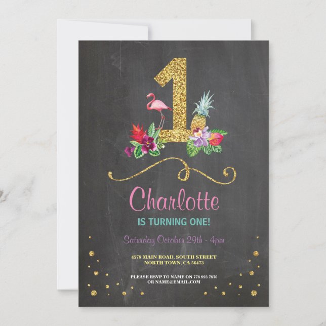 Invitation Flamant rose Aloha Premier 1 1er anniversaire Invi (Devant)