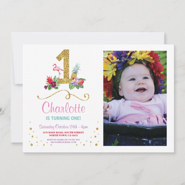 Invitation Flamant rose Aloha Première fête d'anniversaire Ph (Devant)