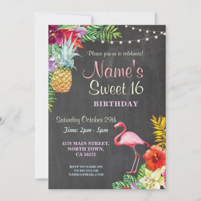 Invitation Flamant rose Aloha Sweet 16 16e anniversaire Invit (Devant)