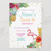 Flamant rose Aloha Sweet 16 Anniversaire Invitatio