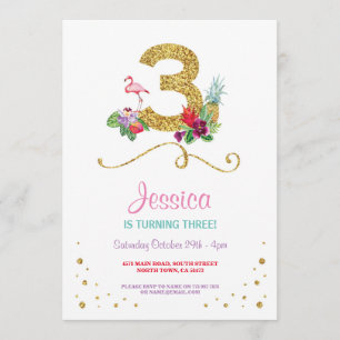 Invitation Flamant rose Aloha Troisième 3ème 3 Anniversaire I