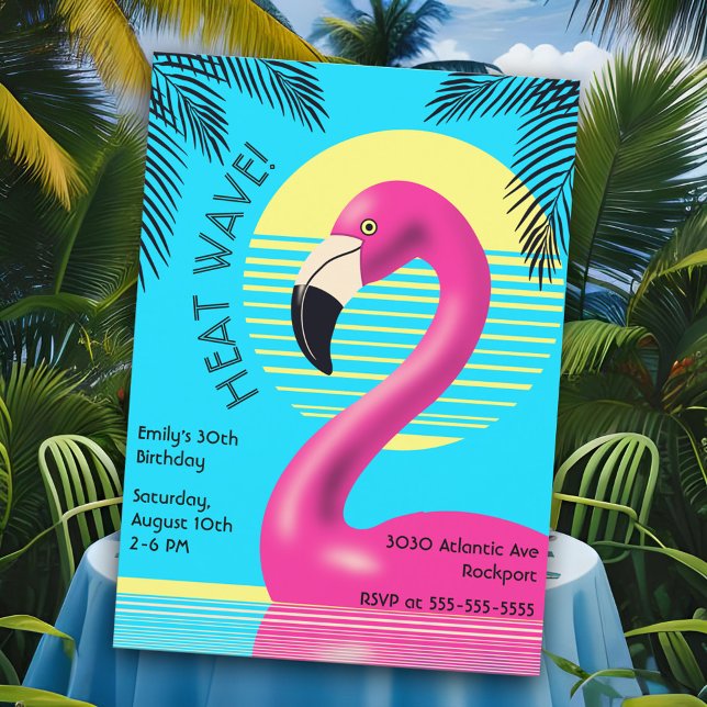Invitation Flamant rose Anniversaire Fête Tropical Rose Summe (Hot pink flamingo themed birthday party invitation for a Summer outdoor pool party. Colorful Retro!)