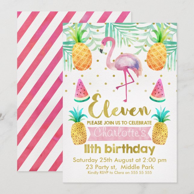 Invitation Flamant rose aquarelle 11ème anniversaire Invitati (Devant / Derrière)