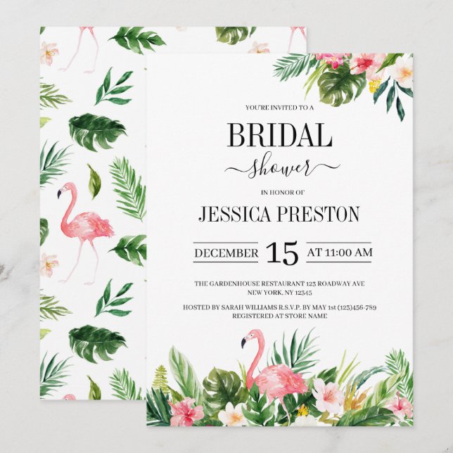 Invitation Flamant rose aquarelle Fête des mariées florale tr (Devant / Derrière)