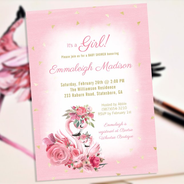 Invitation Flamant rose Aquarelle rose Baby shower Ballerina (Créateur téléchargé)